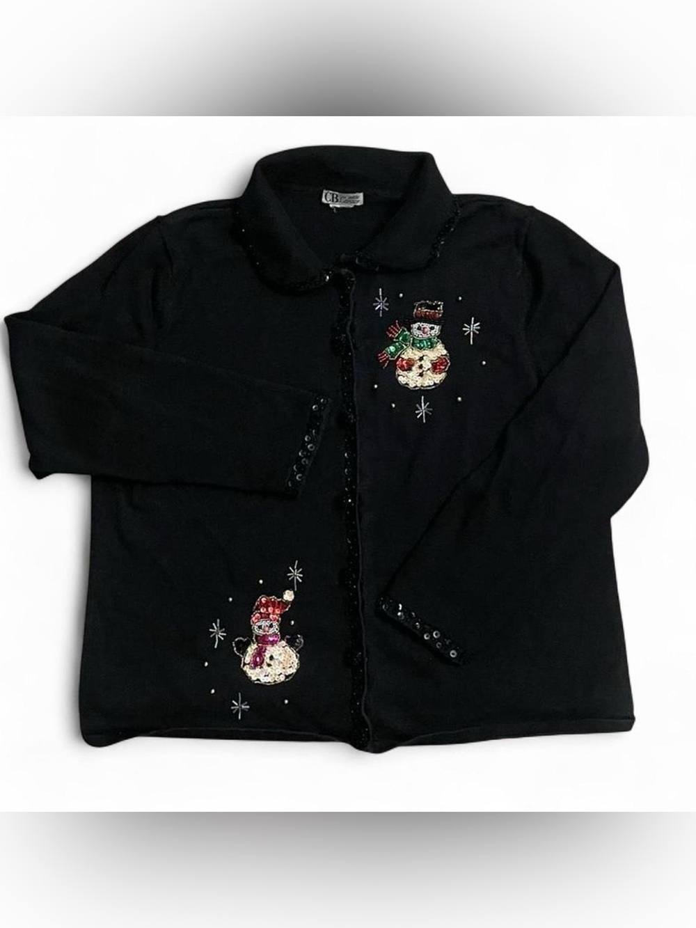 Black Sequin Snowman Kids Jacket with Beaded Trim